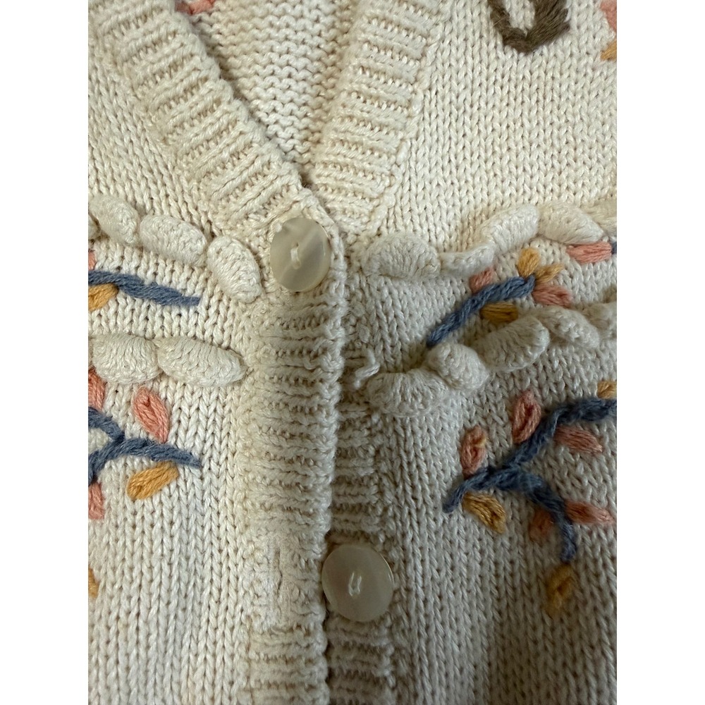 Vintage Kitty Hawk Floral Embroidered Cardigan Sweater Cream V-Neck Large - Picture 3 of 9